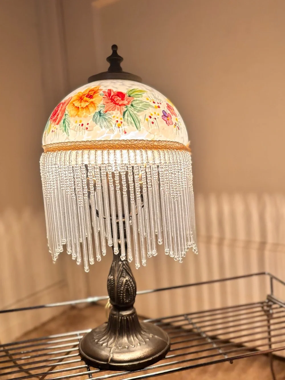 Vintage Hand Painted Floral Beaded Lamp - Bronze Base